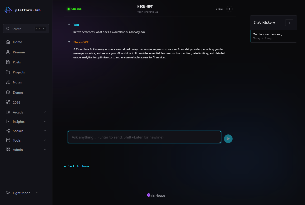 Neon GPT chat UI talking to the Qwen endpoint through the AI Gateway