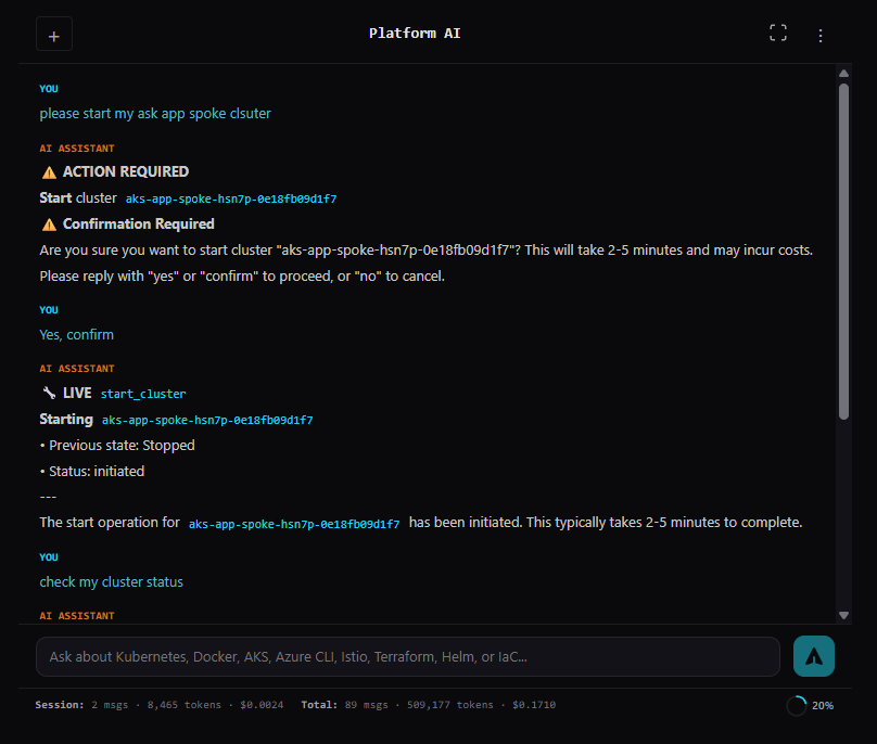 Platform AI cluster start confirmation flow